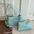 Sac a epaule tisse vert menthe pour femmes, sac a main elegante et creux pour le travail. - Bleu Fonte des Glaces