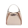 Beige litchi pattern woven bucket bag, stylish commuter handbag with metal lock and handle. - No Pendant / Off White
