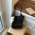 Black woven leather shoulder bag, large capacity bucket tote purse with cute bear charm for women - With Charm / Black