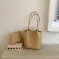 Khaki Woven Tote Bag PU Leather Shoulder Bag Casual Commuter Handbag with Small Pouch - No Pendant / Yellow