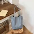 Blue woven leather shoulder bag, stylish large capacity tote bag for daily commuting style. - No Pendant / Blue