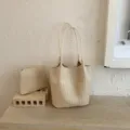 Minimalist woven shoulder bag large capacity bucket tote bag korean fashion stylish cream bag - No Pendant / Black