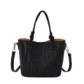Black woven leather bucket handbag for women, versatile crossbody bag with top handles. - Black