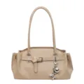 Sac a main epaule femme beige en cuir PU avec boucle metallique et pendentif chien ballon - Avec Pendentif / Khaki