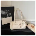 Chic minimalist leather shoulder bag for women, elegant commuter underarm bag with stylish buckle. - No Pendant / White