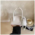 White glossy patent leather top handle boston bag, chic casual minimalist crossbody purse. - No Pendant / Off White