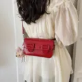 Red patent leather shoulder crossbody bag with cute bear charm and stylish double buckles. - With Pendant / Red