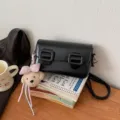 Black small square shoulder bag with double buckles and cute bear charm for women. - With Pendant / Black