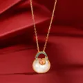 S925 sterling silver Hetian jade lucky bag pendant necklace vintage enamel jewelry for women - 925 Silver / Gold