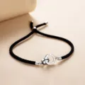 Silver interlocking rings black braided rope couple bracelet adjustable rope jewelry variant - 925 Silver / Men's Black Rope Bracelet (White Gold Tone)