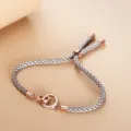 Interlocking braided couple bracelet with rose gold rings adjustable size romantic gift jewelry - 925 Silver / Women's Grey Rope Bracelet (Rose Gold Tone)