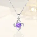 S925 Sterling Silver Four-Leaf Clover Necklace with Purple Zirconia Pendant for Women - Pendant Only (Without Chain) / 925 Silver / Purple Stone Color