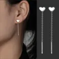 S999 Sterling Silber Herz Quaste Ohrfäden Minimalistische Lange Kette Ohrringe Damen - Herz