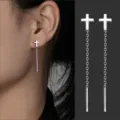 S999 Sterling Silber Kreuz Quaste Ohrfaden, minimalistische lange Ohrringe für Damen Alltag. - Kreuz