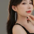 Boucles d'oreilles longues glands scintillantes argent S925, elegante chaine double. - Style Gland Double Couche / 1 Paire/Paquet / Argent