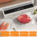 Automatic household vacuum sealer machine with double pump high suction and built-in cutter for food. - Rechargeable with 10 Vacuum Bags / White
