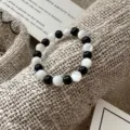 Bague élastique vintage en perles de coquillage noir et blanc, bijoux coréens élégants. - Taille Ouverte Réglable / Noir et Blanc (48JZ35)
