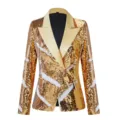 Detalle de chaqueta blazer para mujer con lentejuelas doradas y un gran diseño de solapa. - US S / Chaqueta de lentejuelas reversibles oro y blanco para mujer