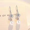 Pendientes colgantes de trébol perla circonita en plata de ley 925 mujer elegante - Pendientes Trébol Perla [Circonia Blanca] (E0130) / Plata 925