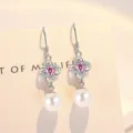 Pendientes de plata S925 trébol circonita rosa perla estilo coreano elegante joya - Pendientes Trébol Perla [Circonia Rosa] (E0130) / Plata 925
