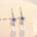 Pendientes de trébol en plata de ley 925 con perla y circonita violeta brillante y elegante. - Pendientes Trébol Perla [Circonia Púrpura] (E0130) / Plata 925