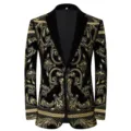 Detailed view of luxury black velvet mens blazer jacket featuring ornate gold baroque embroidery. - US Size XS / Notched Lapel Embroidered Top