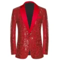 Detalle de la chaqueta de blazer de lentejuelas rojas para hombre con patron geometrico. - S / Tops / Lentejuelas de Triángulo Rojo