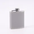 Stainless steel hip flask detail view, grey leather wrapped portable outdoor alcohol bottle. - 3 oz / 90 ml / Gray
