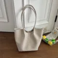 Sac cabas tissé beige minimaliste pour femmes, grande capacité sac d'épaule élégant. - Gris