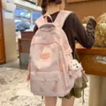 Cute pink student backpack with bear print and plush pendant, sweet style school bag. - With Pendant / Pink