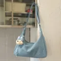 Joli sac porté épaule bleu à pois, grand sac besace décontracté avec pendentif chiot peluche - Avec Pendentif / Bleu