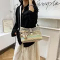 Bohemian woven shoulder bag for women, stylish straw crossbody bag with cute bear charm. - With Charm / Patterned + Beige with Pendant