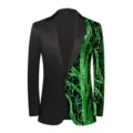 Close-up detail of a men's stylish black blazer featuring striking green sequin tree branches. - XS / Tops / Green Sequin