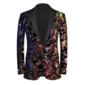 Men's Sequin Velvet Blazer Shawl Lapel Shiny Slim Fit Suit Jacket Wedding Party - US Size S / Map Print Blue Notch Lapel Top