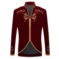 Vista detallada de chaqueta de terciopelo burdeos para hombre con bordes y bordados dorados. - US S / Burdeos