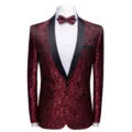 Mens burgundy floral blazer jacket with black shawl lapel for party wedding performance. - 3XL / Tops / Burgundy