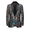 Detailed view of men vintage jacquard blazer with shawl lapel and floral pattern slim fit. - US S / Tops / Blue Cloud Shawl Collar