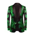 Men's green sequin leaf blazer jacket, black shawl lapel stylish party stage suit. - XS / Green