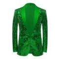 Green sequin blazer detail, featuring shawl lapel, long sleeves and button closure. - S / Tops / Glitter Green