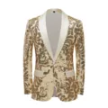 Men's gold sequin blazer with satin shawl lapel, slim fit party jacket for stylish evening events. - S / Tops / Champagne Gold