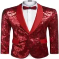 Chaqueta blazer de lentejuelas rojas para hombre con solapa chal, ideal para fiesta y boda. - XS / Tops / Rojo