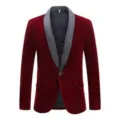 Blazer de terciopelo burdeos para hombre con solapa chal gris en contraste y un botón. - S / Tops / Rojo Vino Terciopelo Solapa de Chal