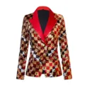 Elegante chaqueta blazer de mujer con lentejuelas brillantes y solapa de contraste. - US S / Chaqueta de lentejuelas a cuadros para mujer