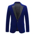 Chaqueta de blazer de terciopelo azul real para hombre con solapa chal negra y un botón para eventos. - S / Tops / Azul Terciopelo Solapa de Pico