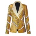 Elegante chaqueta blazer de lentejuelas para mujer con diseño cruzado y solapa para fiestas. - US S / Chaqueta de lentejuelas láser reversibles oro y blanco para mujer