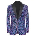 Men's colorful sequin blazer jacket with geometric triangle pattern and black satin lapel. - Multicolor Triangle Sequin