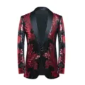 Men's stylish black blazer with red sequin floral pattern and black shawl lapel for party. - XS / Red