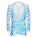 Vista detallada de la chaqueta de traje para hombre con lentejuelas azules y solapa blanca. - XS / Tops / Diamante Azul y Blanco
