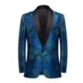 Vue détaillée du blazer de costume pour homme en jacquard floral avec le col châle. - Bleu