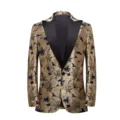 Men's stylish vintage gold floral jacquard slim fit blazer jacket with black lapel collar. - US S / Tops / Gold Lily Peak Lapel
